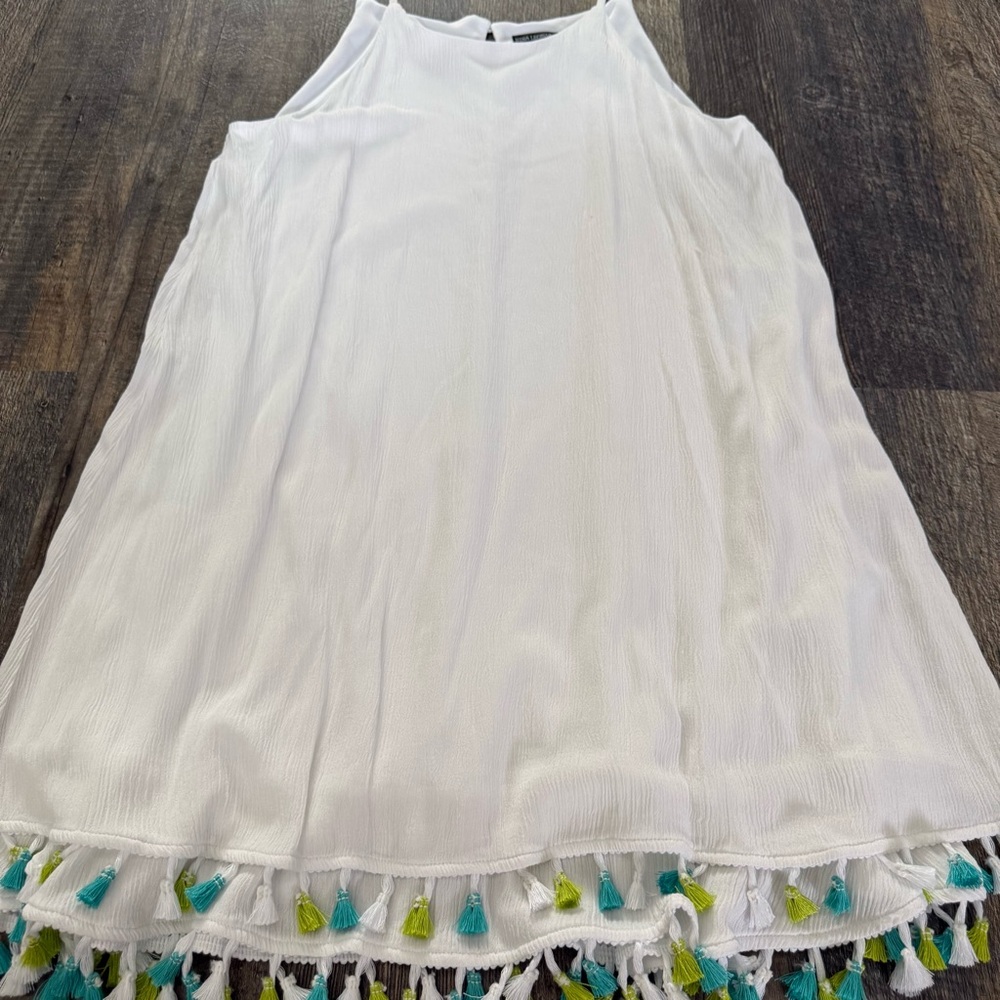 Nina Leonard White Shift Dress with Colorful Tassel Trim - Picture 2 of 4
